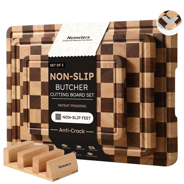 Nomsters 3 Packs Cutting Boards for Kitchen Checkered Cutting Board Acacia Wood Charcuterie Board Serving Heavy Duty Non Toxic Slip Butcher Block Wood Chopping Board with Juice Grooves Handles