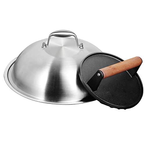 HOMENOTE Griddle Accessories Kit - 12 Inch Heavy Duty Round Basting Cover Cheese Melting Dome with 7 inch Round Cast Iron Burger Bacon Press - Perfect for Flat Top Griddle Grill Cooking