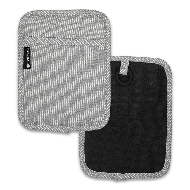 Frigidaire Layla 2-Pack Cotton and Neoprene Pot Holders, Heat Resistant, Anti-Slip, Machine Washable, 7" x 9", Grey, Set of 2