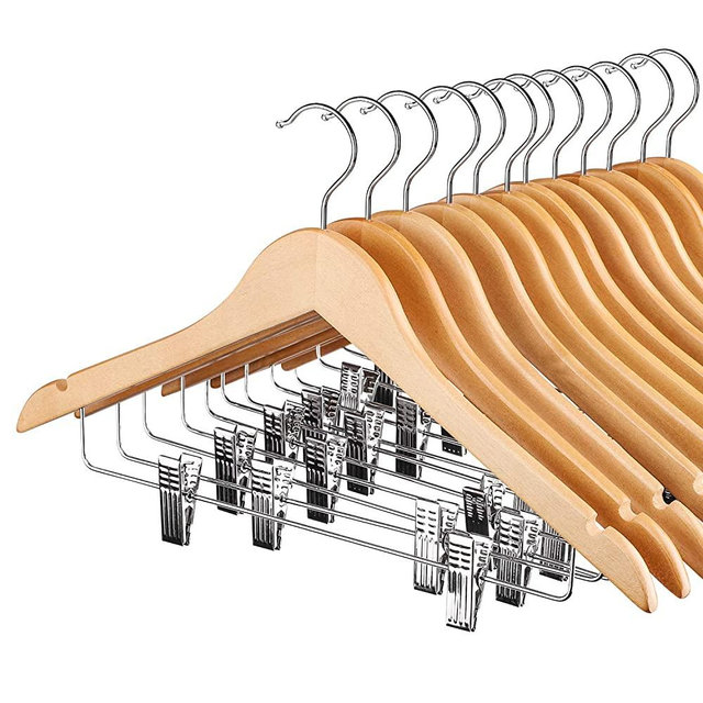 HOUSE DAY Wood Hangers with Clips12 Pack Suit Hangers with Clips Wooden Hangers Natural Smooth Finish Wooden Pants Hangers Premium Wood Hangers for Suit