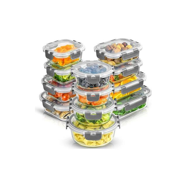 JoyFul by JoyJolt 24 Piece Glass Food Storage Containers with Leakproof Lids Set - Light Grey