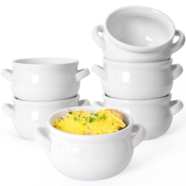 Vumdua Soup Bowls with Handles, 16 Oz Ceramic French Onion Soup Bowls - Stackable Soup Crocks Oven Safe for Cereal, Chilli, Pot Pies, Dishwasher Microwave Safe, Set of 6, White