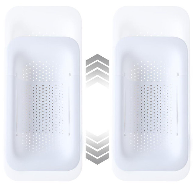 Collapsible Sink Colanders and Strainers Basket Over the Sink Colander Collapsible Colander Extendable Plastic Fruit Vegetable Strainer Drainer Basket for Kitchen(Length 14.3-19.4inch)(White Set of 2)