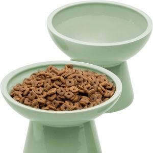 2 Elevated Ceramic Cat Bowls Extra Wide for Food & Water – Whisker Fatigue Shallow Food Dish, Lead & Cadmium-Free, Raised Height for Cats, Sage Green