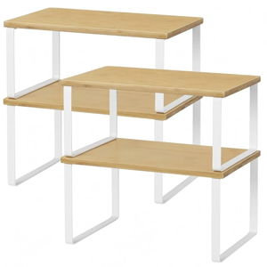 NEX Bamboo Kitchen Cabinet and Counter Shelf Organizer, Stackable & Expandable, Set of 4, White and Natural