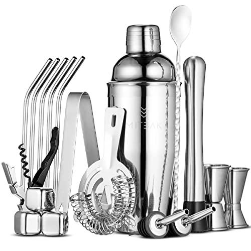 Mitbak Professional Bartender Kit | 20-Piece Bar Accessories Set | Look Like A Pro With Cocktail Shaker Bottle, Strainer, Jigger, Steel Straws, Whiskey Stones & More | Excellent Christmas Gift (Box)