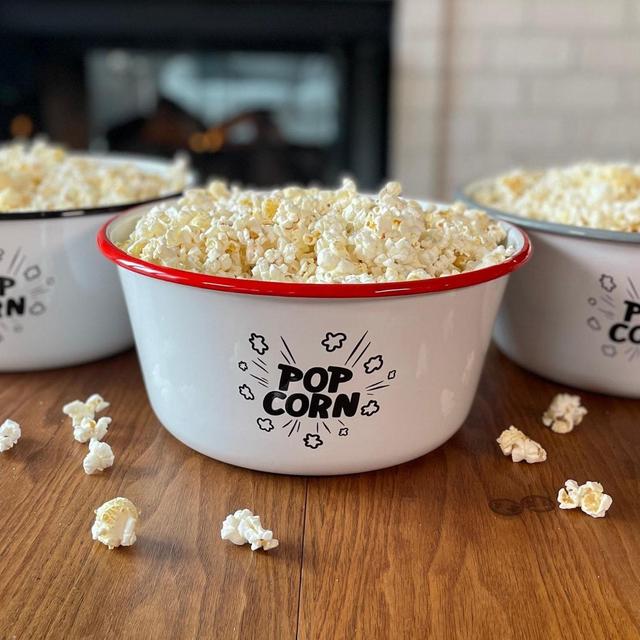 Large Enamel Popcorn Bowl with Colored Rim - Family Sized Snack Bowl and Popcorn Bucket for Movie and Board Game Nights