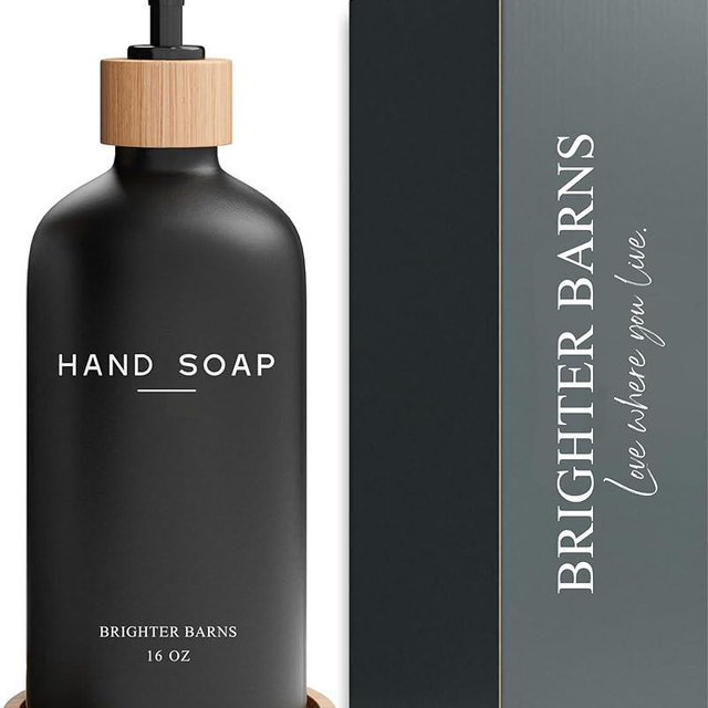Black Glass Hand Soap Dispenser Bathroom Set by Brighter Barns - Bathroom Soap Dispenser Set with Tray - Glass Pump Bottle - Luxury Bathroom Accessories for Hotel, Vacation Rental, Restaurants (Black)