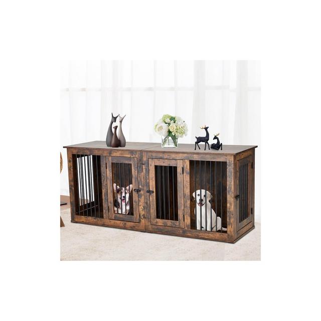 Large Dog Crate Furniture Two-Room Wooden Dog Crate Furniture with Double Doors Partition Indoor Dog House 71Inch,Brown