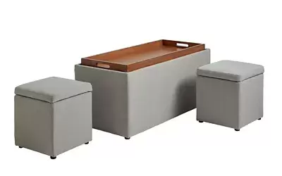 Storage Bench with Tray and 2 Ottomans in Greige