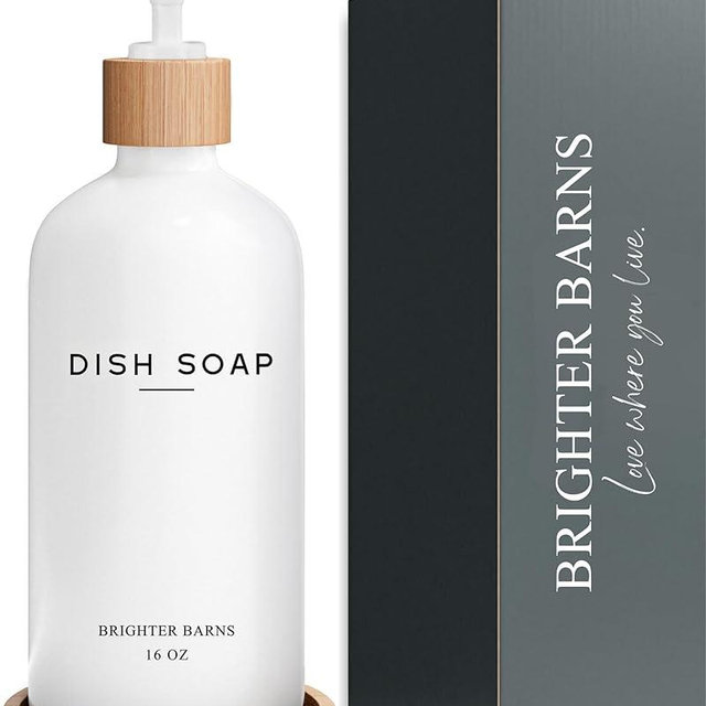White Glass Dish Soap Dispenser for Kitchen Sink by Brighter Barns - Kitchen Soap Dispenser Set with Tray - Bamboo Pump Bottle - Neutral Minimalist Home Decor in RV, Office, Home, Airbnb, Gift (White)