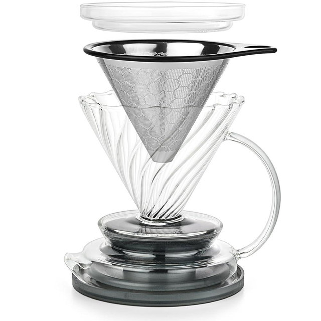 dokaworld Pour Over Coffee Maker – Borosilicate Glass Dripper with Stainless Steel Reusable Filter, Manual Eco Brewer, Plastic-Free Non-Toxic Coffee Station, Innovation Infuser for Daily Brewing