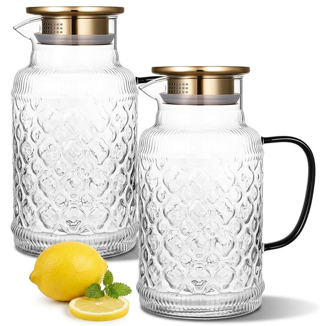 HANLANXUE 2 Pack 68 oz/2L Glass Pitcher with Lid, Vintage Water Pitcher with Handle, Clear Borosilicate Glass Water Carafe for Cold Brew, Coffee, Lemonade, Iced Sun Tea, Beverage, Milk, Heat Resistant