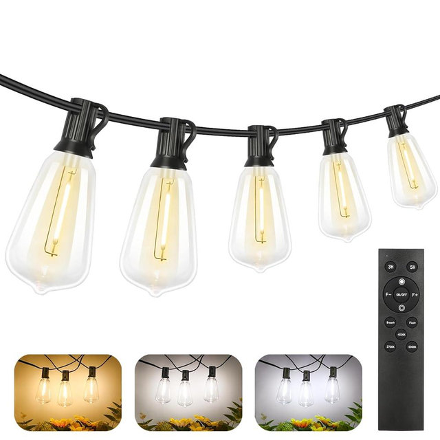 Brightever 150FT Outdoor Lights with Remote, 2700K/4000K/5000K Selectable LED String Lights for Outside with 75+2 ST38 Shatterproof Edison Bulbs, 3 Modes Dimmable Waterproof Hanging Lights for Patio