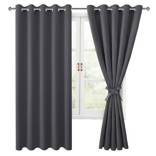 Hiasan Blackout Curtains for Bedroom, 60 x 63 Inches Length - Thermal Insulated & Light Blocking Window Curtains for Living Room, 2 Drape Panels Sewn with Tiebacks, Dark Grey