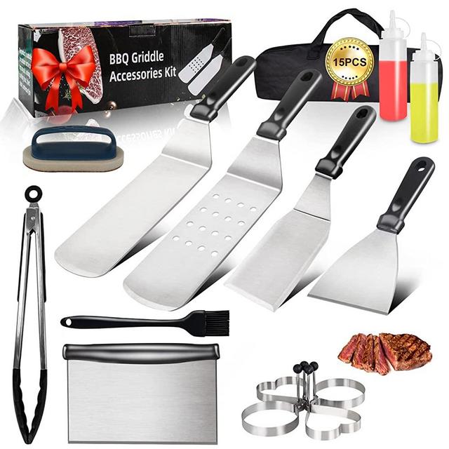 Grill Accessories, 15PCS Grilling Griddle Accessories Kit for Blackstone and Camp Chef, with Brush Scraper Spatula Cleaner Tools for Outdoor Flat Top Grill BBQ Utensils Set, Camping Accessories