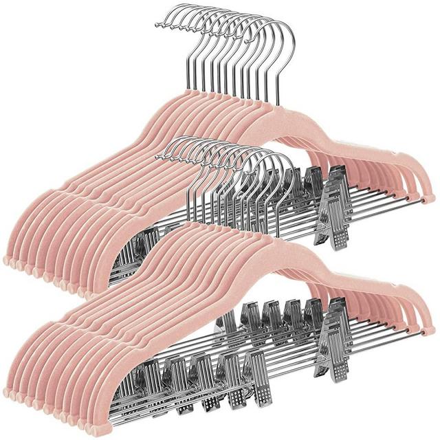 SONGMICS 30-Pack Pants Hangers, 16.7-Inch Long Velvet Hangers with Adjustable Clips, Non-Slip, Space-Saving for Pants, Skirts, Coats, Dresses, Tank Tops, Pink UCRF12PK30