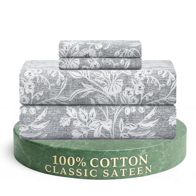 Feather & Stitch 300TC Queen Size 100% Cotton Sateen Weave Printed Sheet Set, Cooling & Breathable Bed Sheets Set, 4 Piece 16" Elastic Deep Pockets, Soft Hotel Quality- Queen, Grey Floral