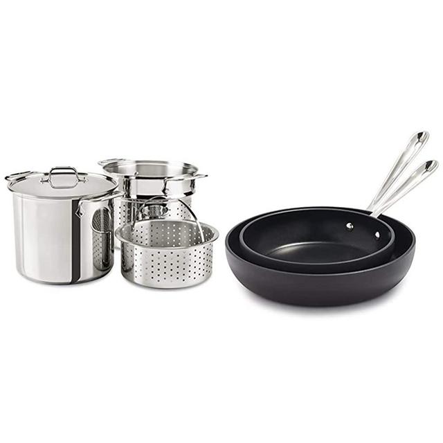 All-Clad E9078064 Stainless Steel Multicooker, 8-Quart, Silver & HA1 Hard Anodized Nonstick Dishwasher Safe PFOA Free 8 and 10-Inch Fry Pan Cookware Set, 2-Piece, Black
