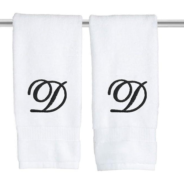 White Monogrammed Hand Towels for Bathroom - Luxury Hotel Quality Personalized Initial Embroidered Towel for Powder Room, Spa - GOTS Organic Certified - Set of 2 Black Letter D
