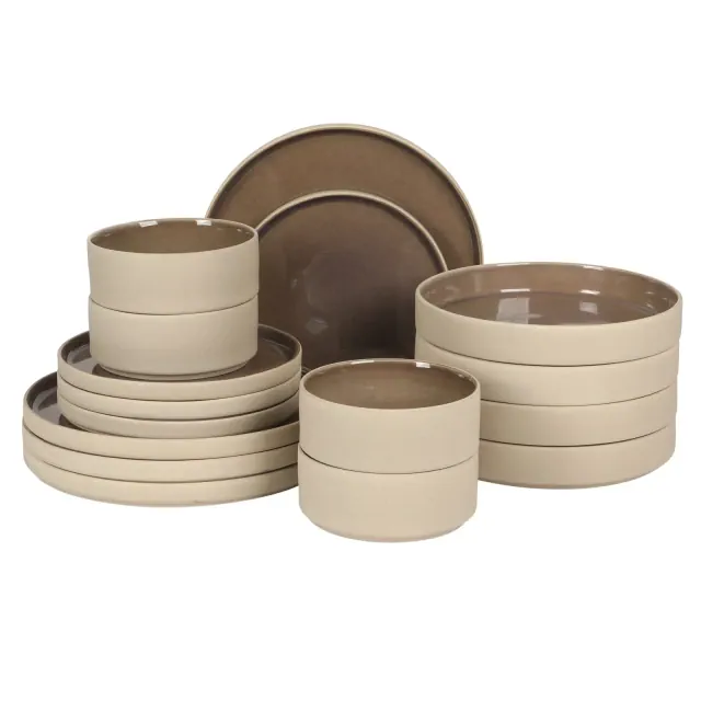 Gibson Elite Liberty Bay 16-Piece Pottery Clay Stoneware Dinnerware Set - Mocha Brown