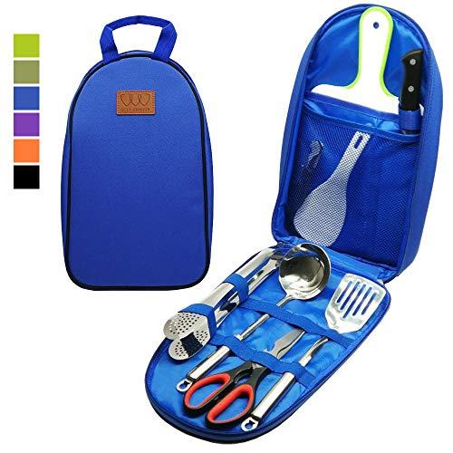 Gold Armour 8pcs Camping Cookware Kitchen Utensil Organizer Travel Accessories Set - Portable BBQ Camp Cookware Utensils Travel Kit with Water Resistant Case, Cutting Board, Rice Paddle, Tongs, Knife