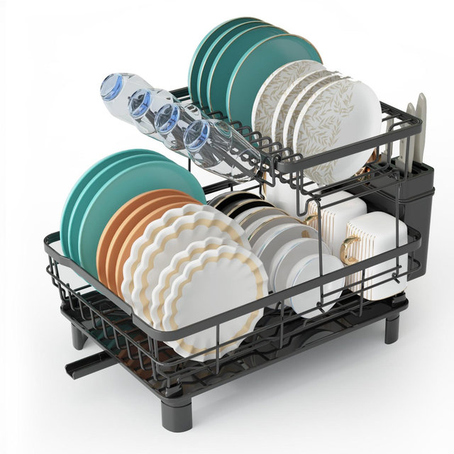 SUGIFT Dish Drying Rack 2-Tier Detachable Stainless Steel Rack with Cutlery Box and Cup Holder