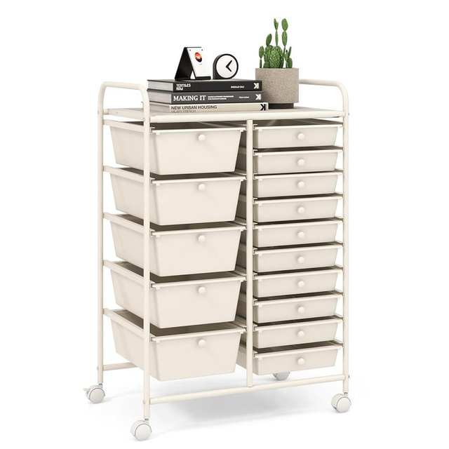 LDAILY 15 Drawer Rolling Storage Cart, Rolling Cart with Drawers for Classroom, Art Supply Craft Organizer on Wheel with Metal Frame & Handles for Home Office School