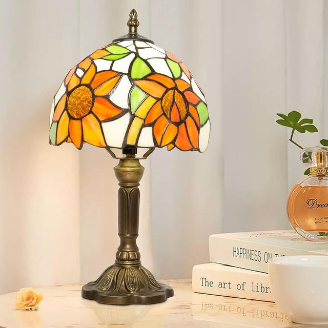 Ppbmocw Small Tiffany Table Lamp,3 Color Temperature,8 Inch Antique Stained Glass Lamp for Bedroom Living Room Home,Handcrafted Light,Included E26 Bulb (A Sunflower)