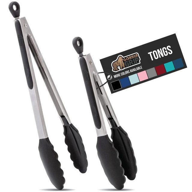 Gorilla Grip Extra Long Stainless Steel Silicone Tongs for Cooking, Set of 2, Includes 12 and 14 Inch Locking Kitchen Tong, Heat Resistant Tip, Strong Grip, Perfect for Nonstick Pans and BBQ, Black