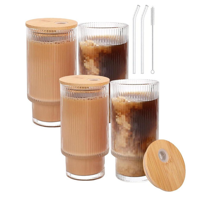 AiMQnLe Glass Cups with Lids and Straws - 16 oz Iced Coffee Cups, Vintage Ribbed Drinking Glasses with Bamboo Lids, Tumbler for Juice, Beer, Coffee, Milk, Cocktail, Water (4 Pack)