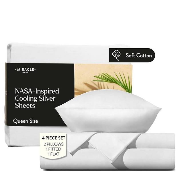 Miracle Made® Cotton Bed Sheets – White, Queen – 4 Piece Silver Infused, 300-Thread-Count Thermoregulating Miracle Clean & Cool ™ Sheet Set