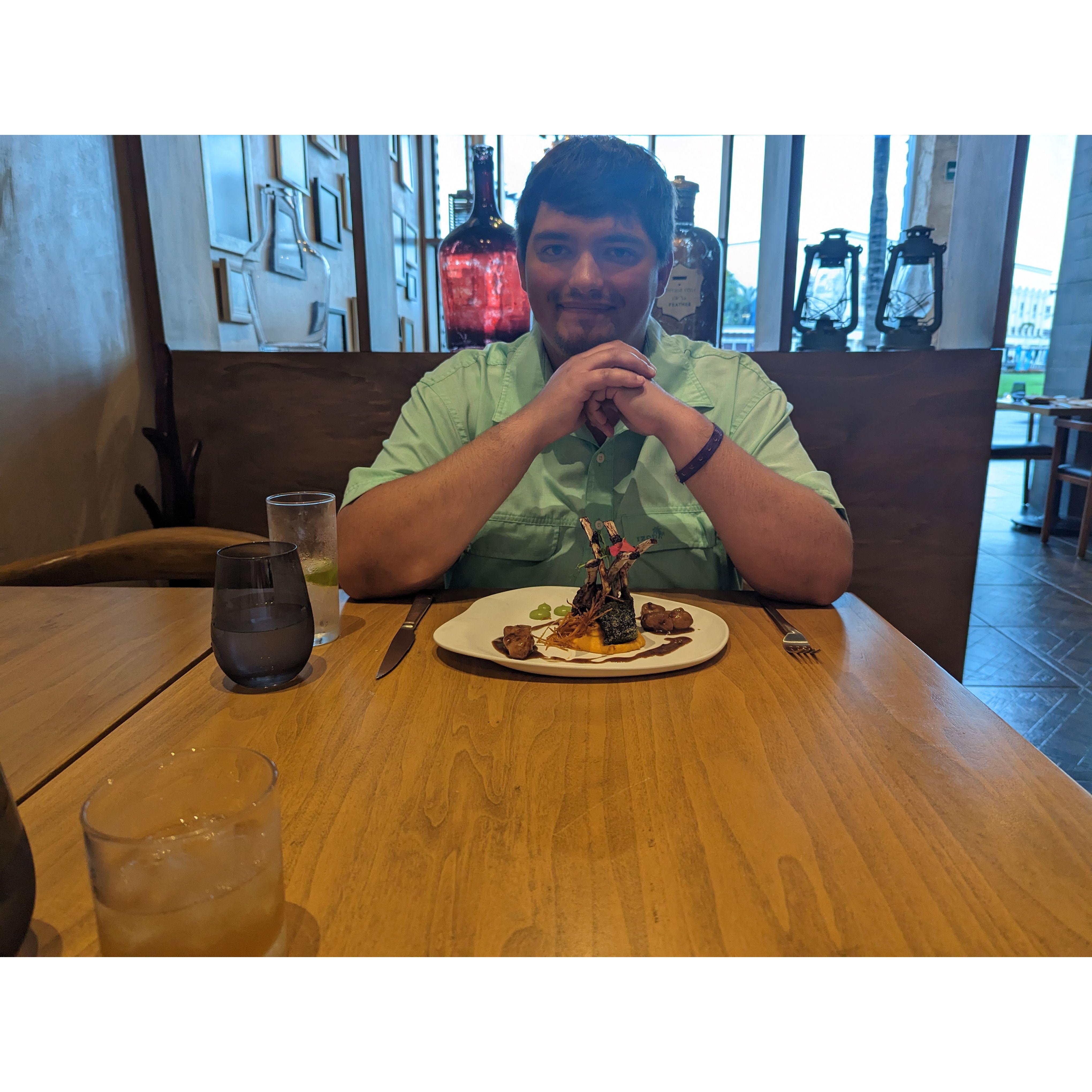 Tom at dinner, knowing that he would be proposing less than 1 hour later.