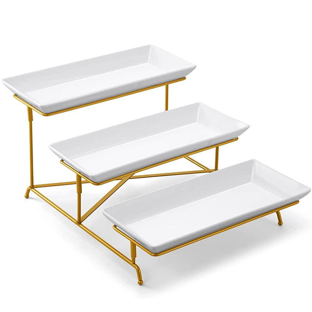 Yedio 3 Tier Serving Tray Set 14 Inch Porcelain Tiered Serving Platters, Collapsible Sturdier Stand with Stable Cross Bars, Three Layer Serving for Party Entertaining Food Display Fruit Dessert
