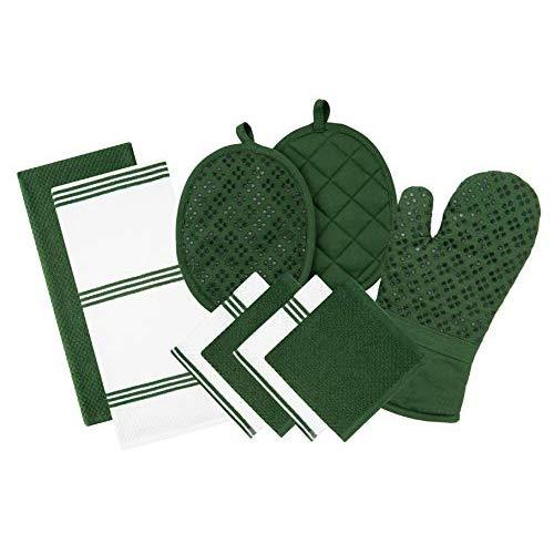 Sticky Toffee Silicone Printed Oven Mitt & Pot Holder, Cotton Terry Kitchen Dish Towel & Dishcloth, Dark Green, 9 Piece Set