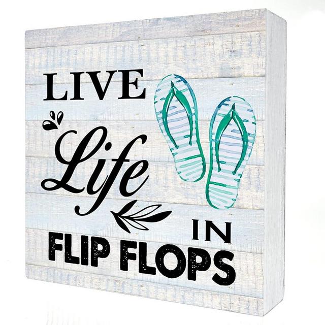 Live Life in Flip Flops Wood Box Sign Decor Rustic Beach Quote Wooden Box Sign Block Plaque for Wall Tabletop Desk Home Beach House Decoration 5" x 5"