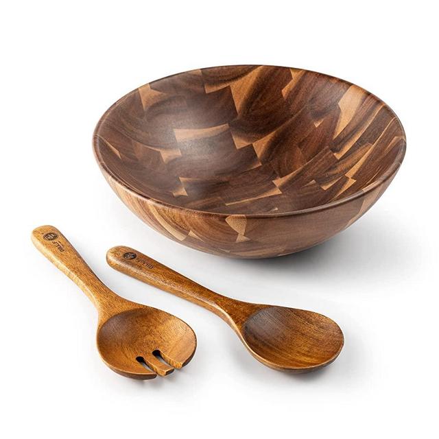 BF BILL.F SINCE 1983 Wooden Salad Bowl 12'' Acacia Wood Salad Bowls Set Large Salad Serving Bowl for Fruits Mixing Bowl with Servers-3-Piece Big Salad Bowl Set