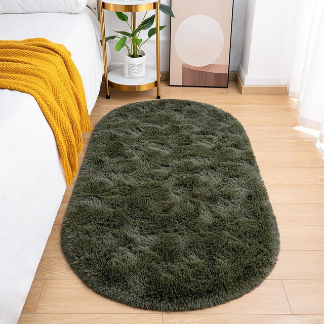 Goideal Fluffy Bedroom Rug, Small Oval Area Rugs, Olive Green Shag Bedside Carpet for Kids Room Nursery Dorm Cute Fuzzy Indoor Decor for Boy and Girl, 2.6 x 5.3 Feet