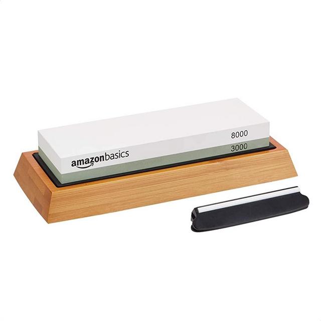 Amazon Basics Whetstone Knife Sharpening Water Stone - Dual-Sided 3000/8000 Grit with Non-Slip Bamboo Base