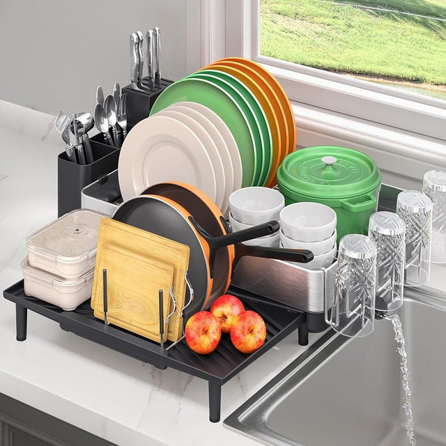 Urackify Large Dish Drying Rack for Kitchen Counter, Expandable 304 Stainless Steel Dish Rack, Black Foldable Dish Drainer Rack, Extendable Dish Dryer Rack with Cup & Cutlery Holder