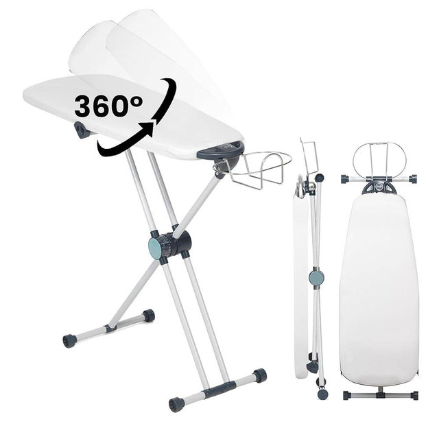 Dazzl 360-Degree Roto-Flip EZ20 Essential Ironing Board - Dual-Sided, Slim Iron Board Top with 8-Level Adjustable Height, Detachable Iron Holder, & Non-Slip Feet - HDPE Ironing Board Full Size