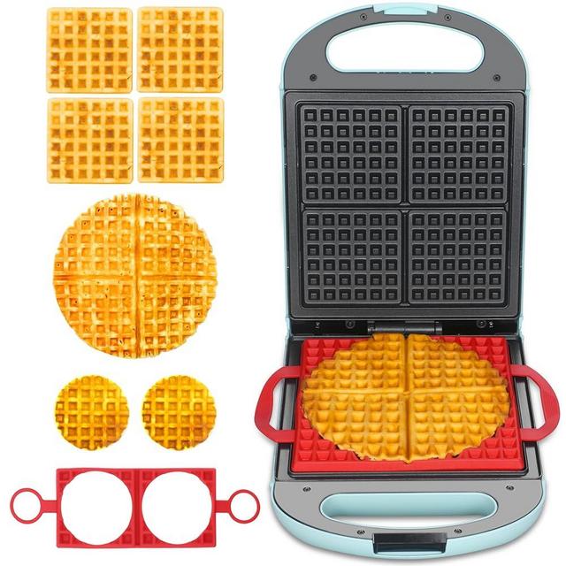 Baker's Friend Multi Shapes Waffle Iron, A Combo of Mini Waffle Maker, American Classic Waffle Maker, Belgian Waffle Maker Thick & Chaffle Maker, Waflera Electrica, With 2 Silicone Molds, Aqua