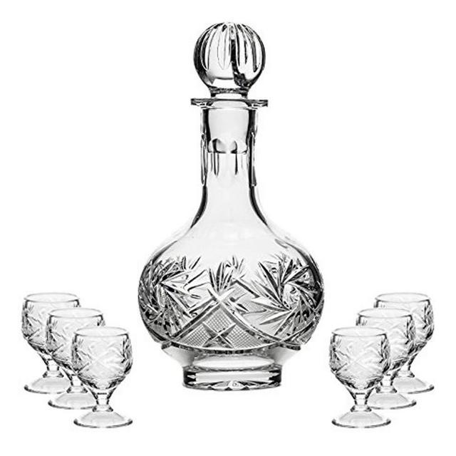7-Piece Russian Crystal Vintage Vodka Set, 16-Oz Decanter Carafe w/ 6 Shot Sherry Liquor Shooter Glasses, Old-fashioned Glassware (5290)