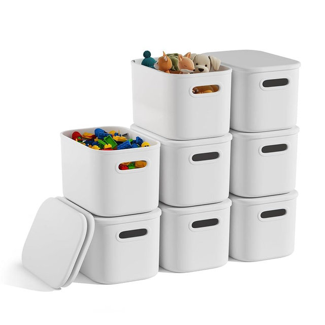 BOBIBOSS 8 Pack White Storage Bins with Lids for Shelves, White Storage Containers with Lids for Organizing, Storage Box with Handle, Stackable White Plastic Bin for Classroom, Craft, Snacks