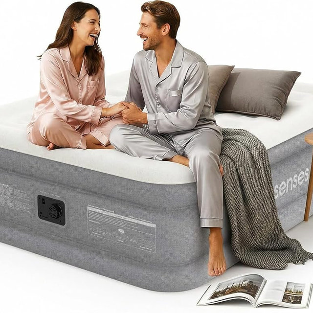 Prosenses Queen Air Mattress with Built-in Pump 18in, 3-Layer Fabric-Laminated Side Walls Anti-Leak, Honeycomb Coil-Beam Support 800 LBS, 3-Min Inflation Blow up Air Mattress for Home Guests Camping