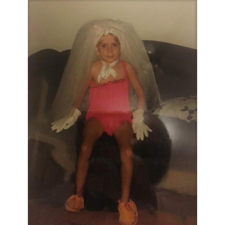 Jen, the little bride, wearing her future wedding outfit.