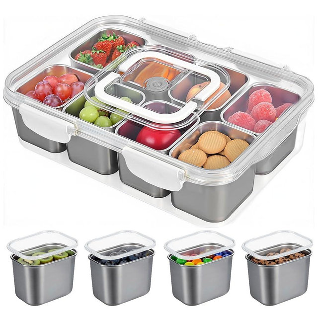 Snackle Box Container, 304 Stainless Steel Snack Containers, Portable Snacklebox for Veggie, Candy, Divided Serving Tray with Lid and Handle, 8 Compartment Fruit Platter for Party, Picnic, Travel