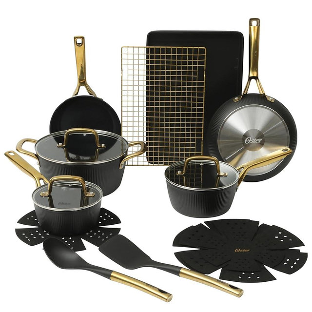 Oster Platinum Abbottsford 16 Piece Aluminum Pots and Pans PFA Free Ceramic Non stick Induction Kitchen Cookware Set - Black W/Gold