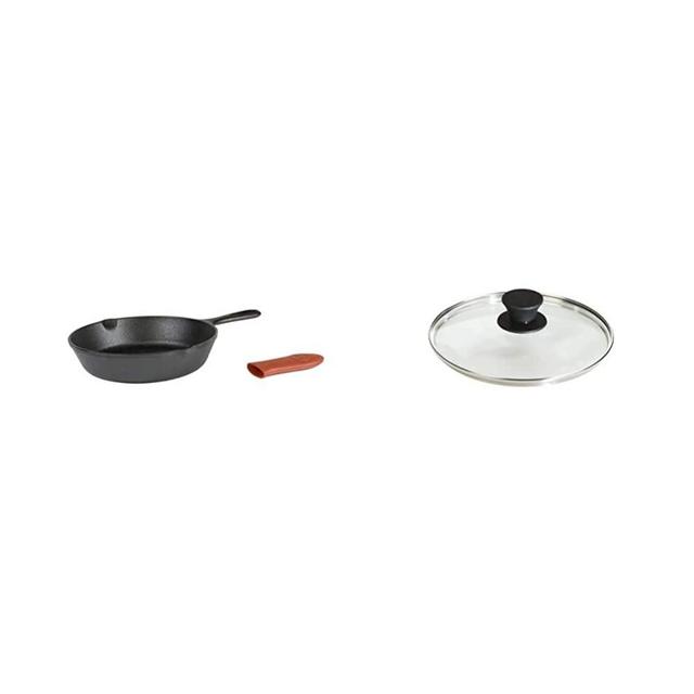 Lodge Cast Iron Skillet with Red Mini Silicone Hot Handle Holder, 8-inch & Tempered Glass Lid (8 Inch) – Fits Lodge 8 Inch Cast Iron Skillets and Serving Pots