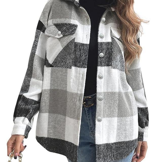 Tanming Womens Flannel Plaid Shacket Wool Blend Button Down Shirt Fall Fashion Jacket